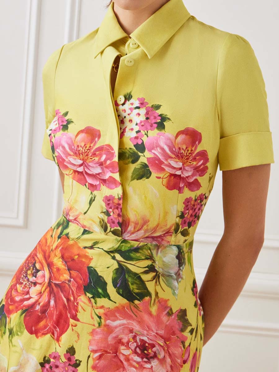 Floral Border Print Shirt Midi Dress