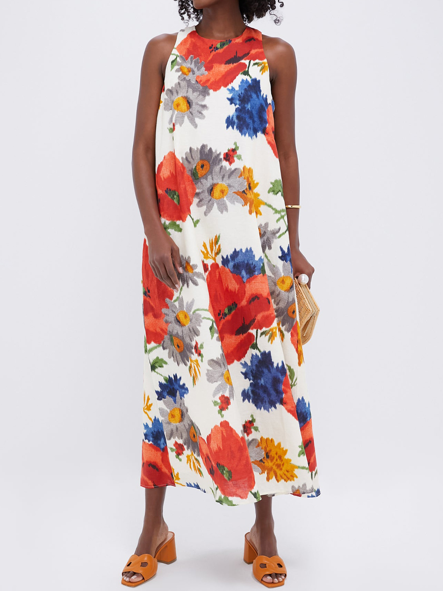 Sleeveless Bow Detail Printed Maxi Dress