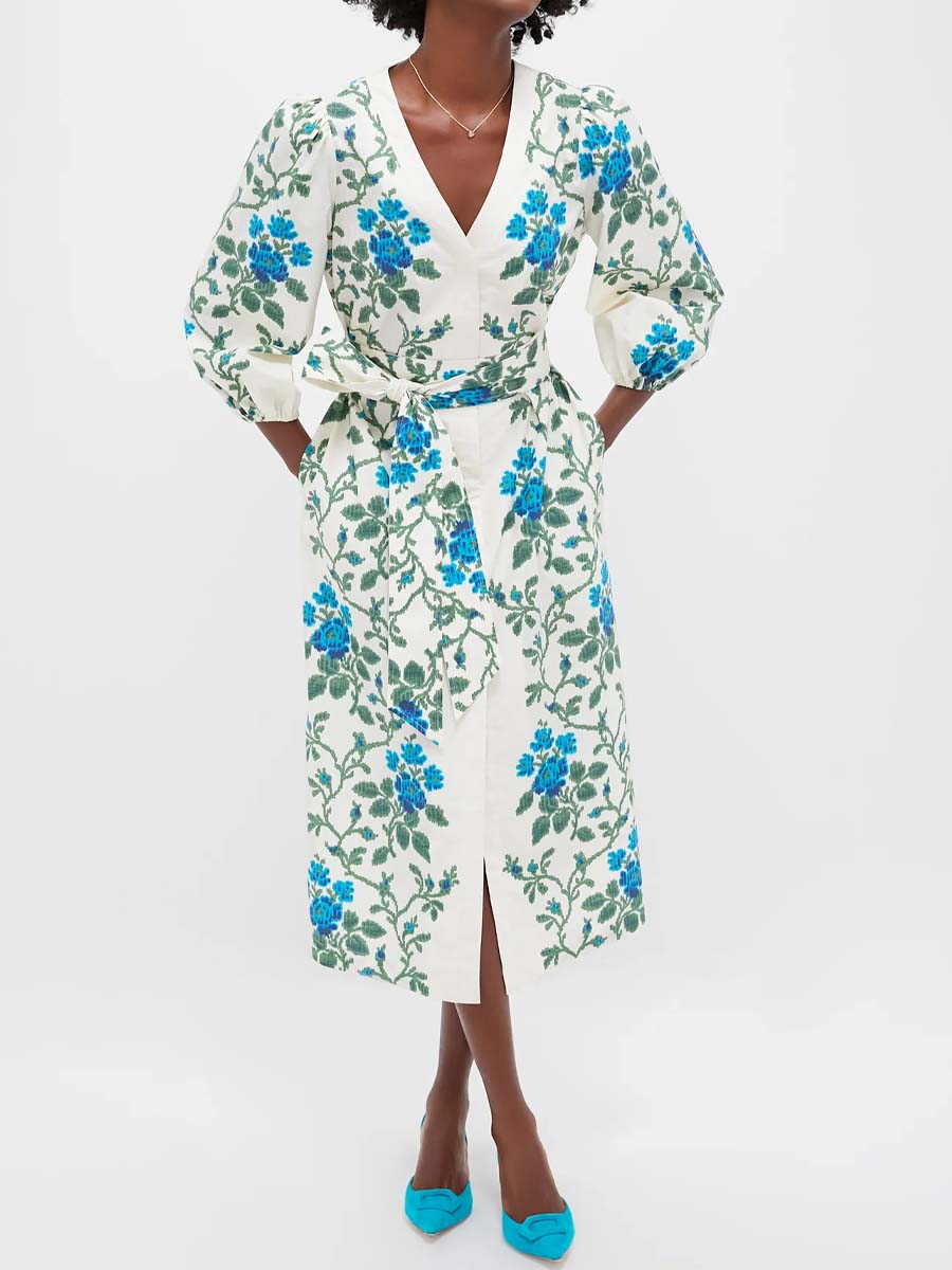 Printed V Neck Puff Sleeve Dress