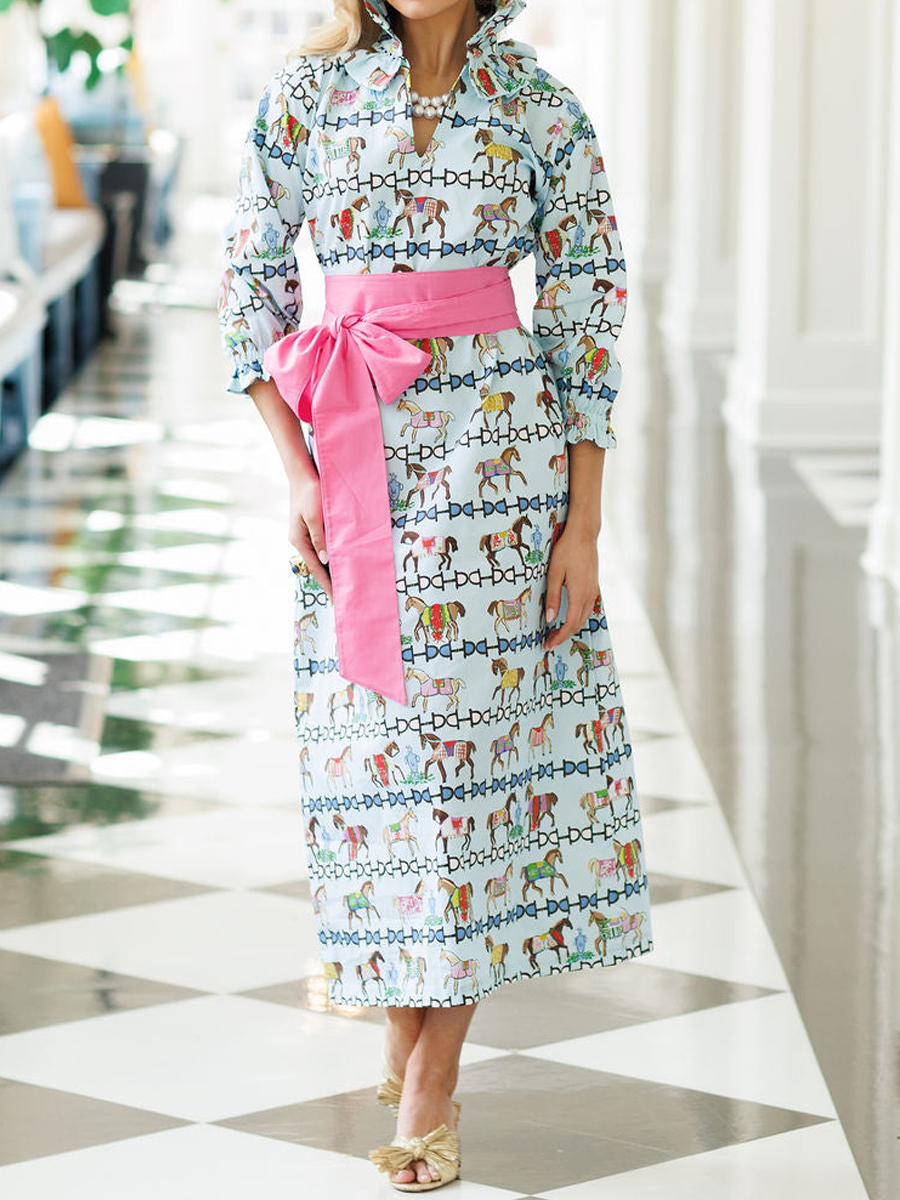 Double Ruffle Collar Printed Maxi Dress