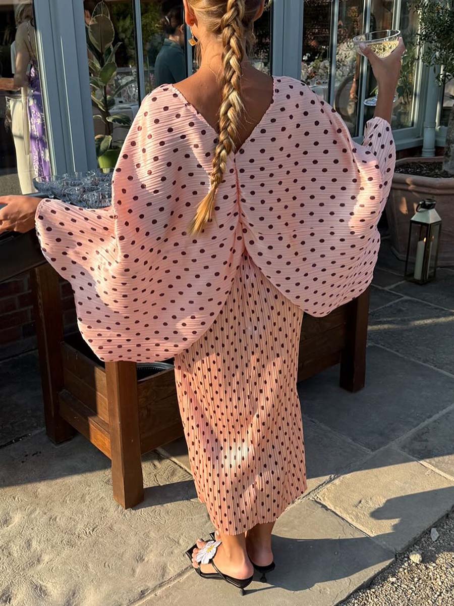 Polka Dot V Neck Pleated Dress