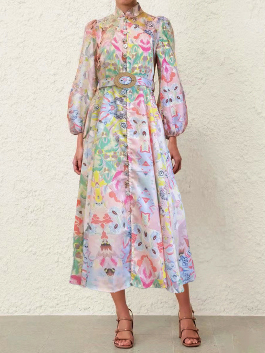 Single-breasted Pocket Stand-collar Dress