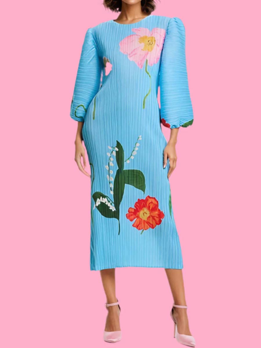 Floral Print Crinkled Puff Sleeve Dress