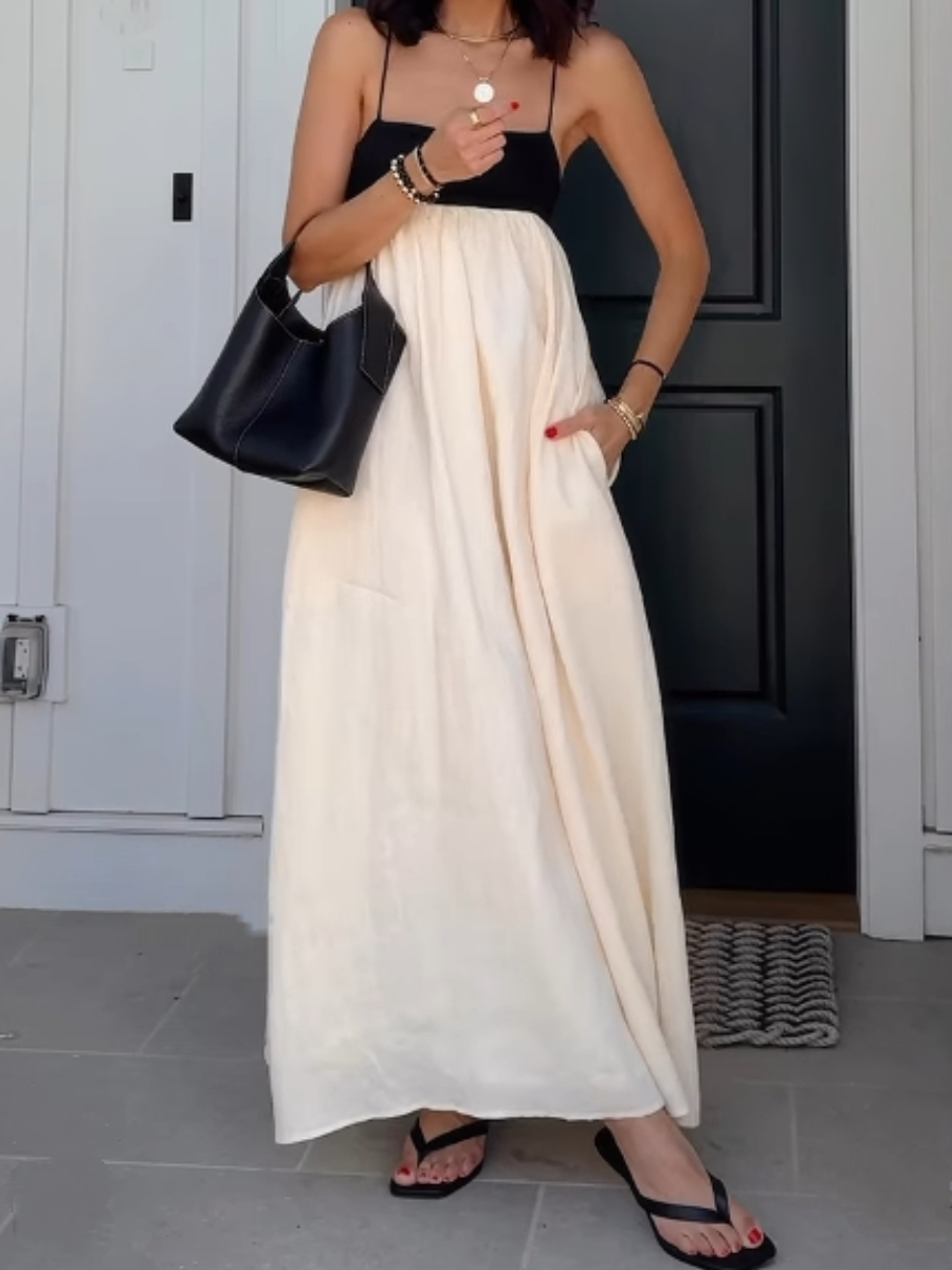 Loose Suspender Black And White Patchwork Maxi Dress