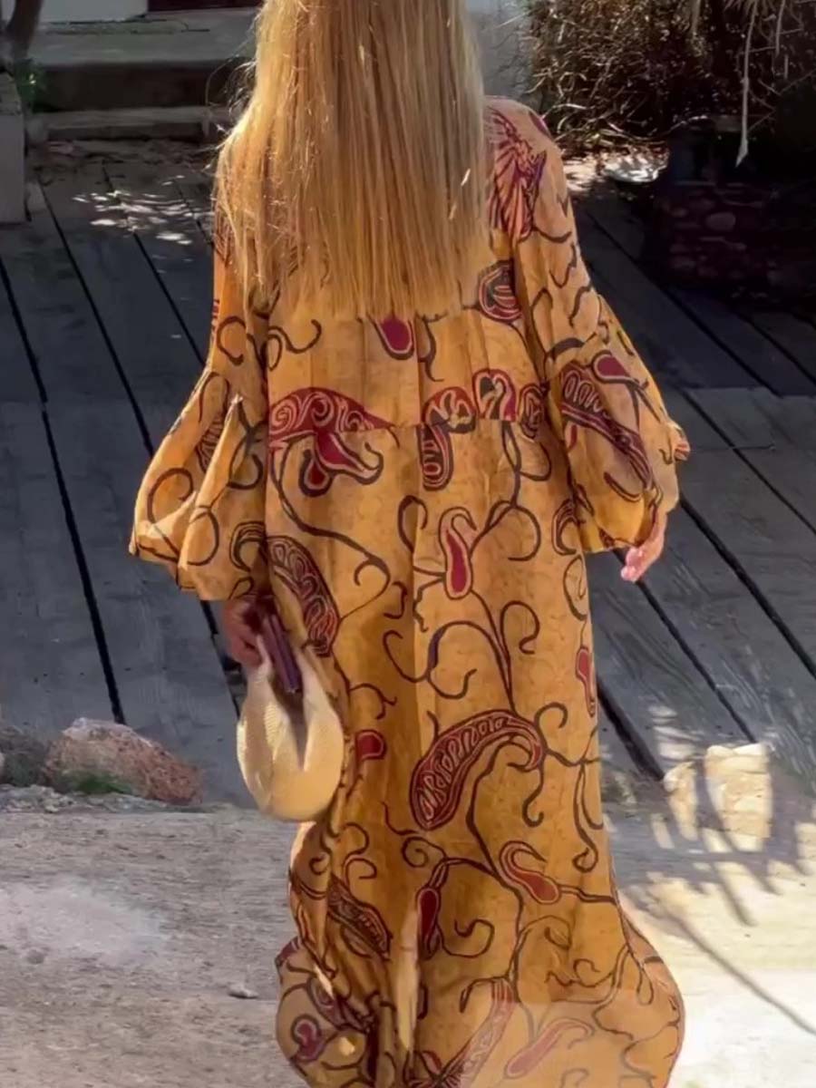 V-neck Fashion Printed Long Sleeve Loose Dress