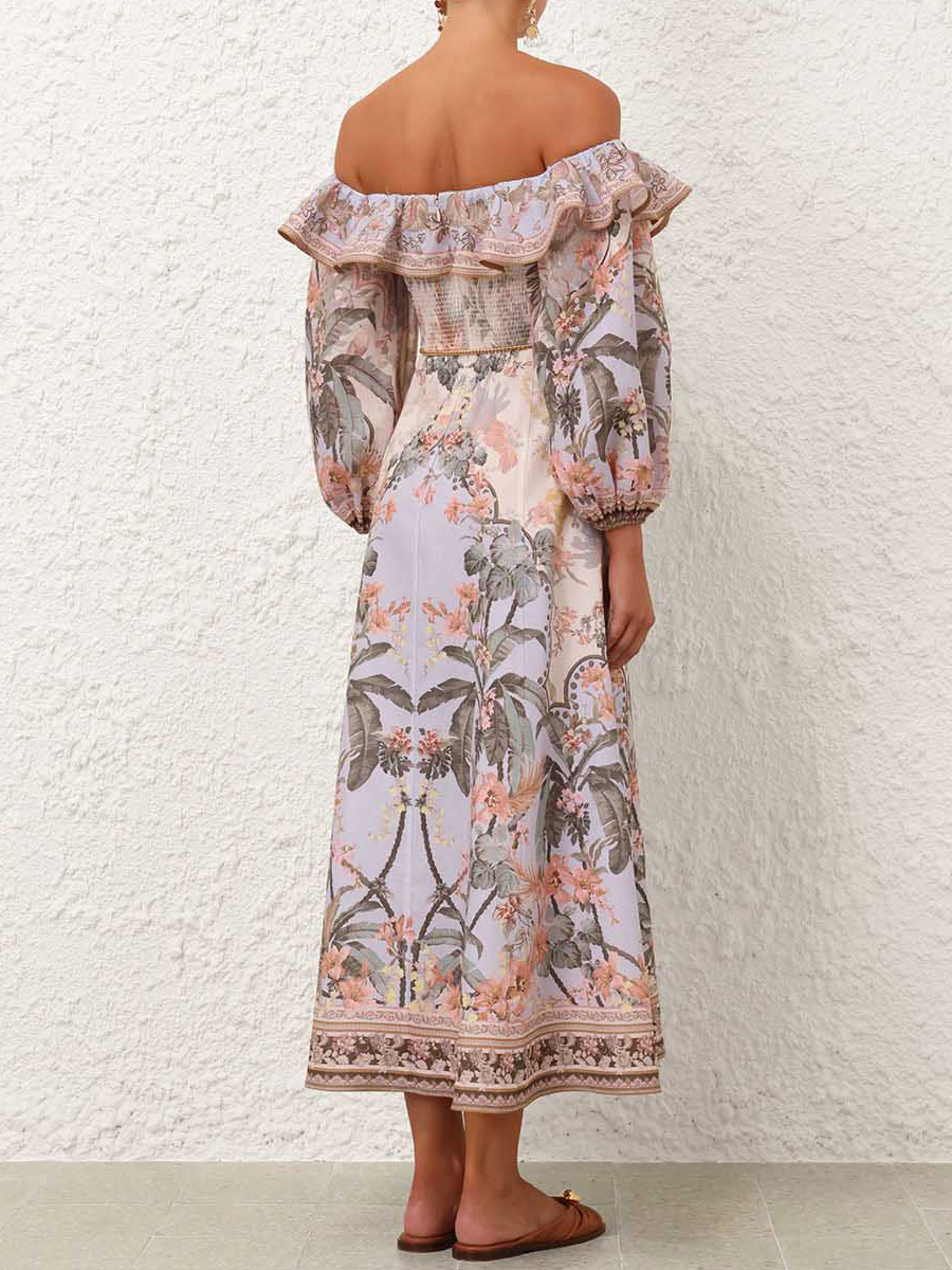 Off Shoulder Placement Print Lantern Sleeve Dress