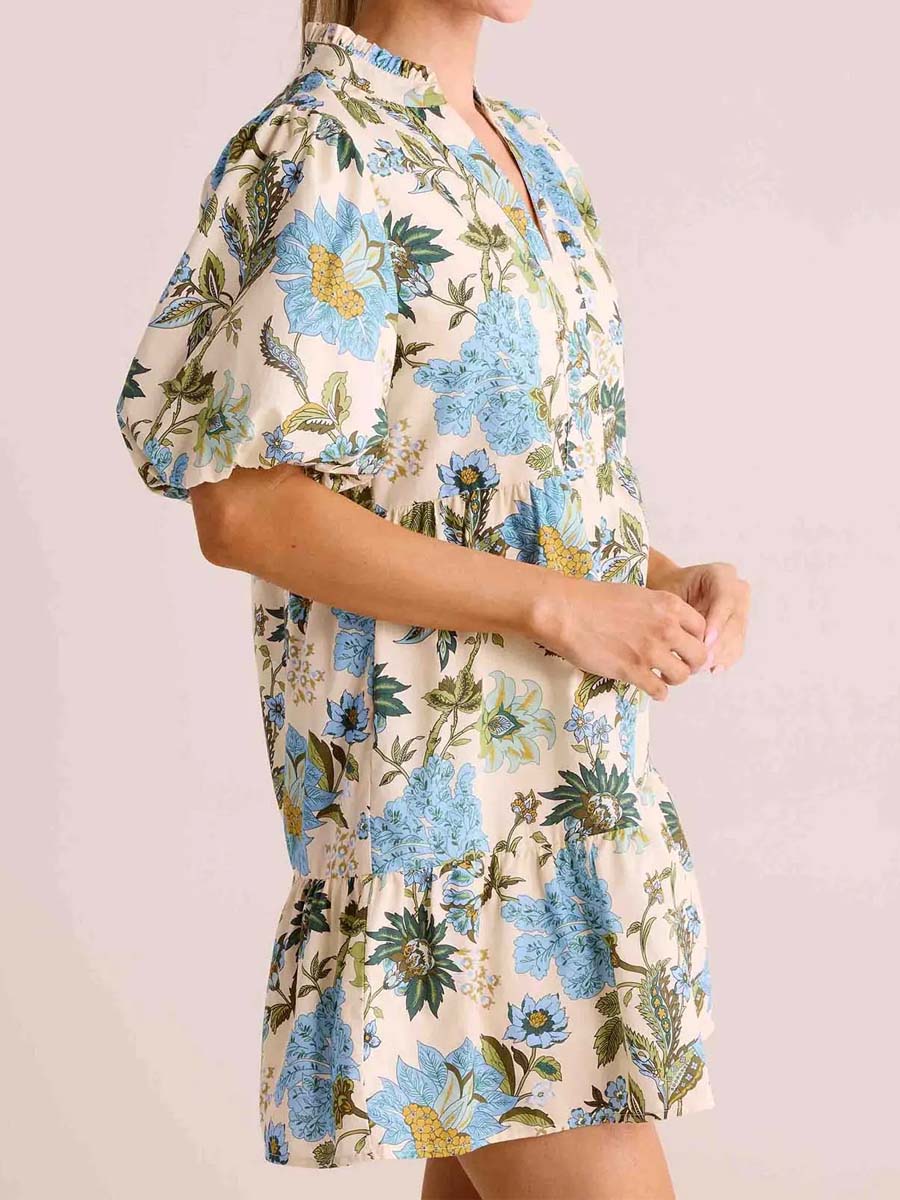 Floral Print Band Collar Flounce Hem Dress