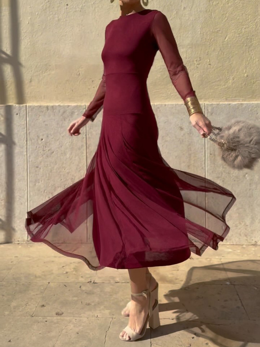 Mesh Patchwork Long Sleeve Maxi Dress