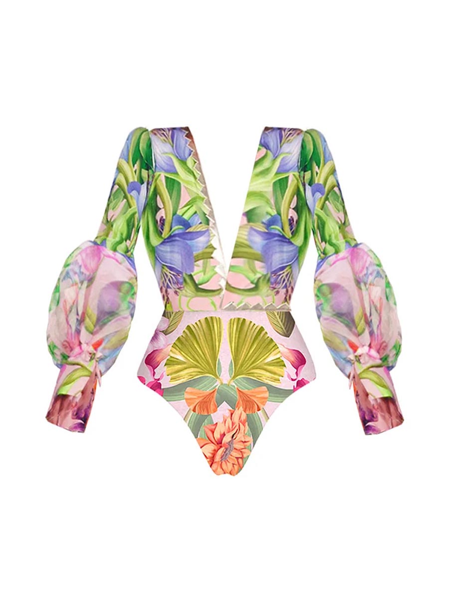 Deep V-neck Lantern Sleeve Seaside Holiday Printed One-piece Swimsuit Suit