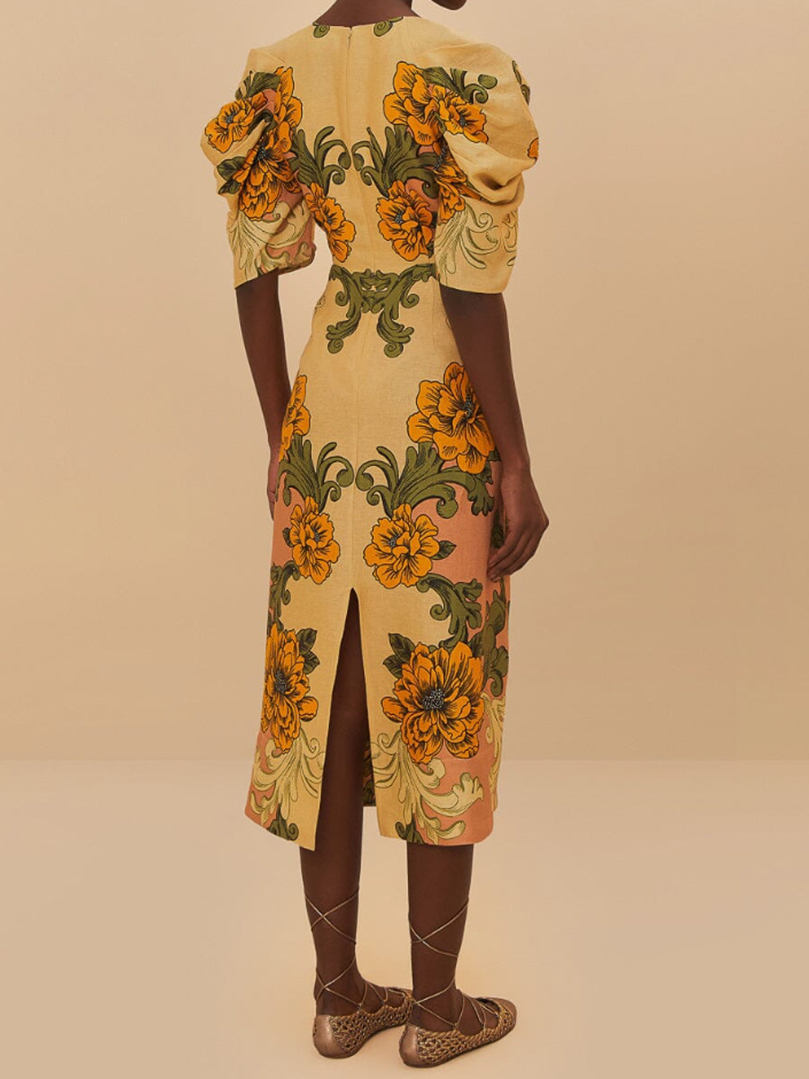 Puff Sleeve V Neck Knotted Printed Dress