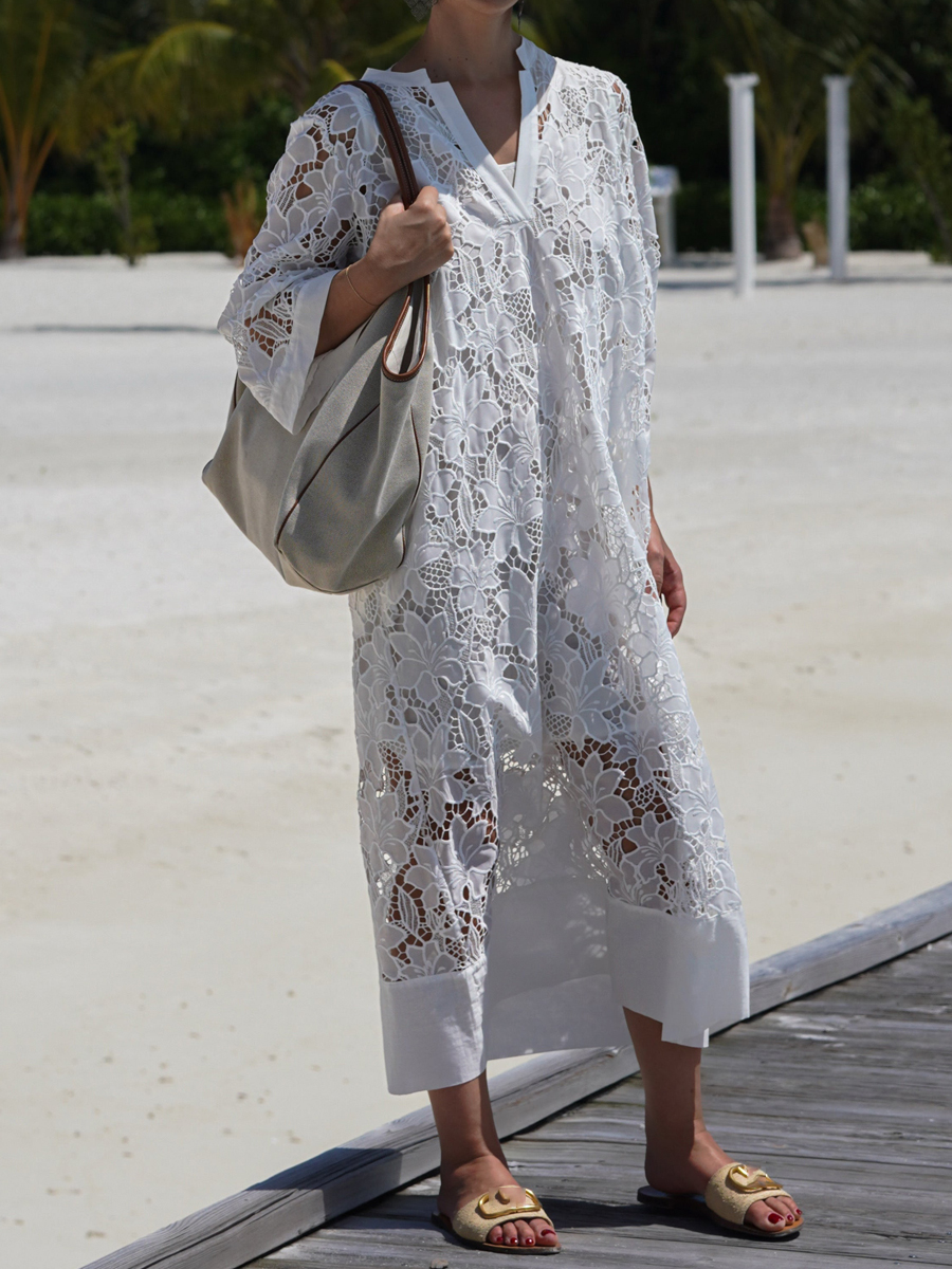 Lace Patchwork V Neck Loose Dress