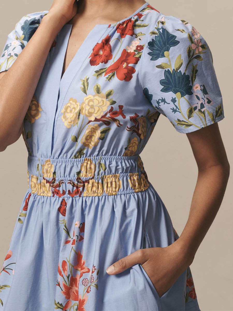 Elegant V-neck Smocked Waist Printed Dress