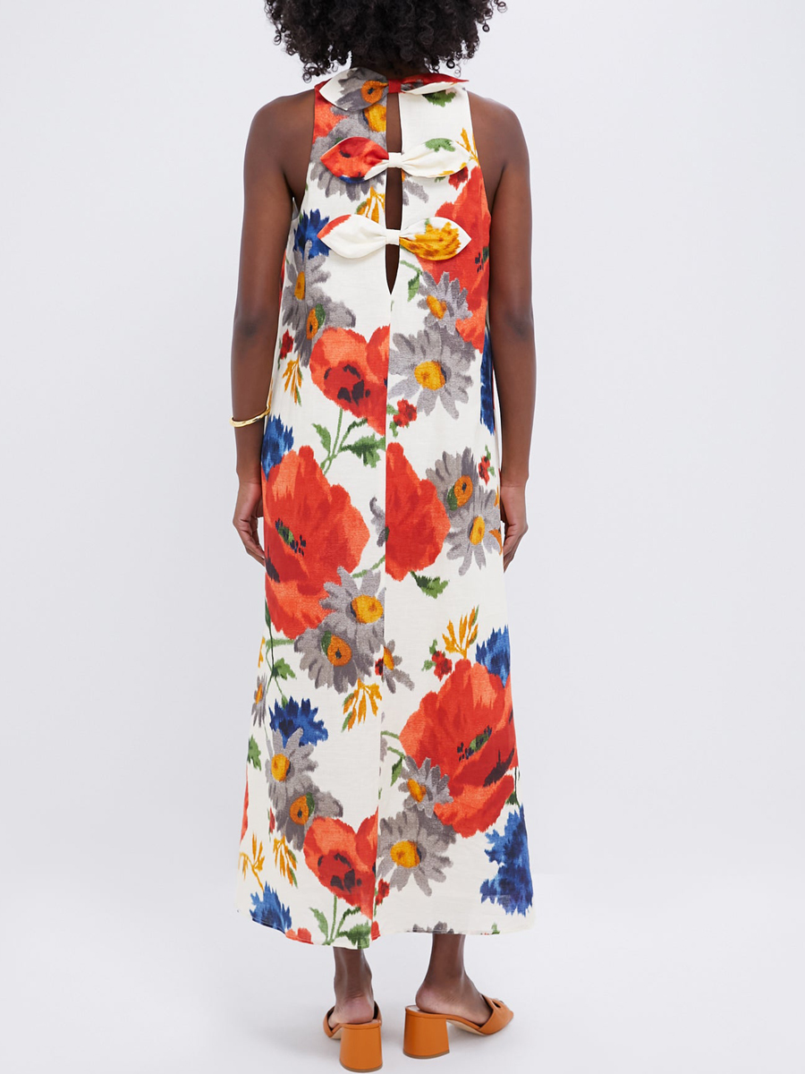 Sleeveless Bow Detail Printed Maxi Dress