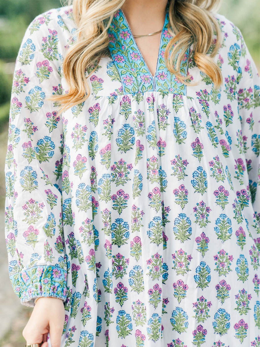 Printed V Neck Sleeve Cuffs Loose Dress