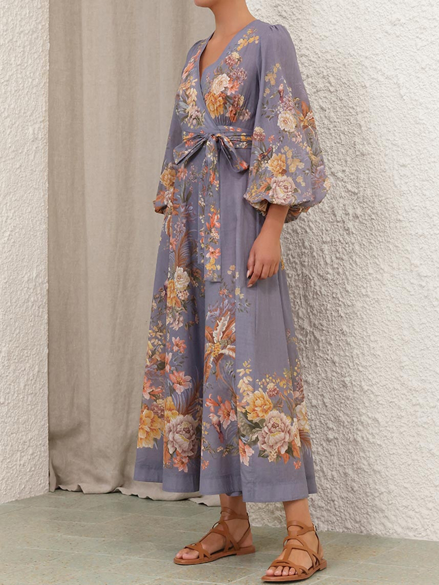 Lantern Sleeves V-neck Placement Print Dress