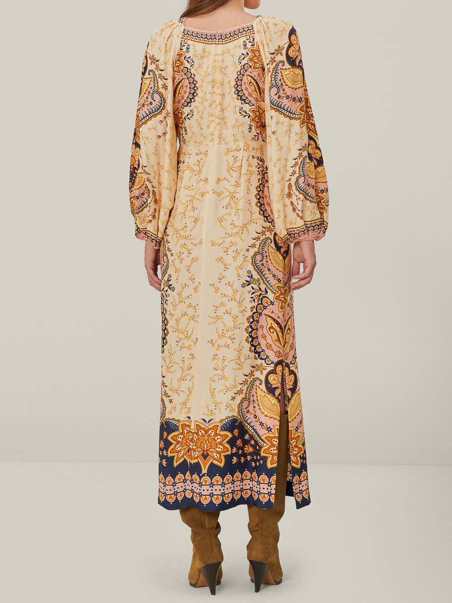 Printed Silt Hem Boho Midi Dress