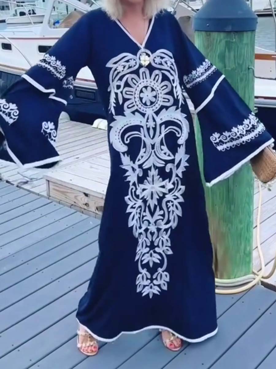 Embroidered V Neck Loose Maxi Dress