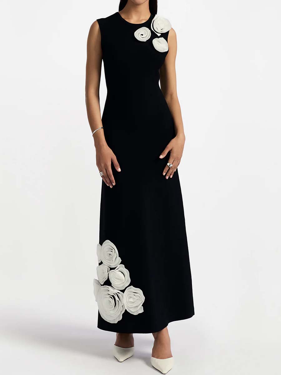 3D Flower Sleeveless Maxi Dress