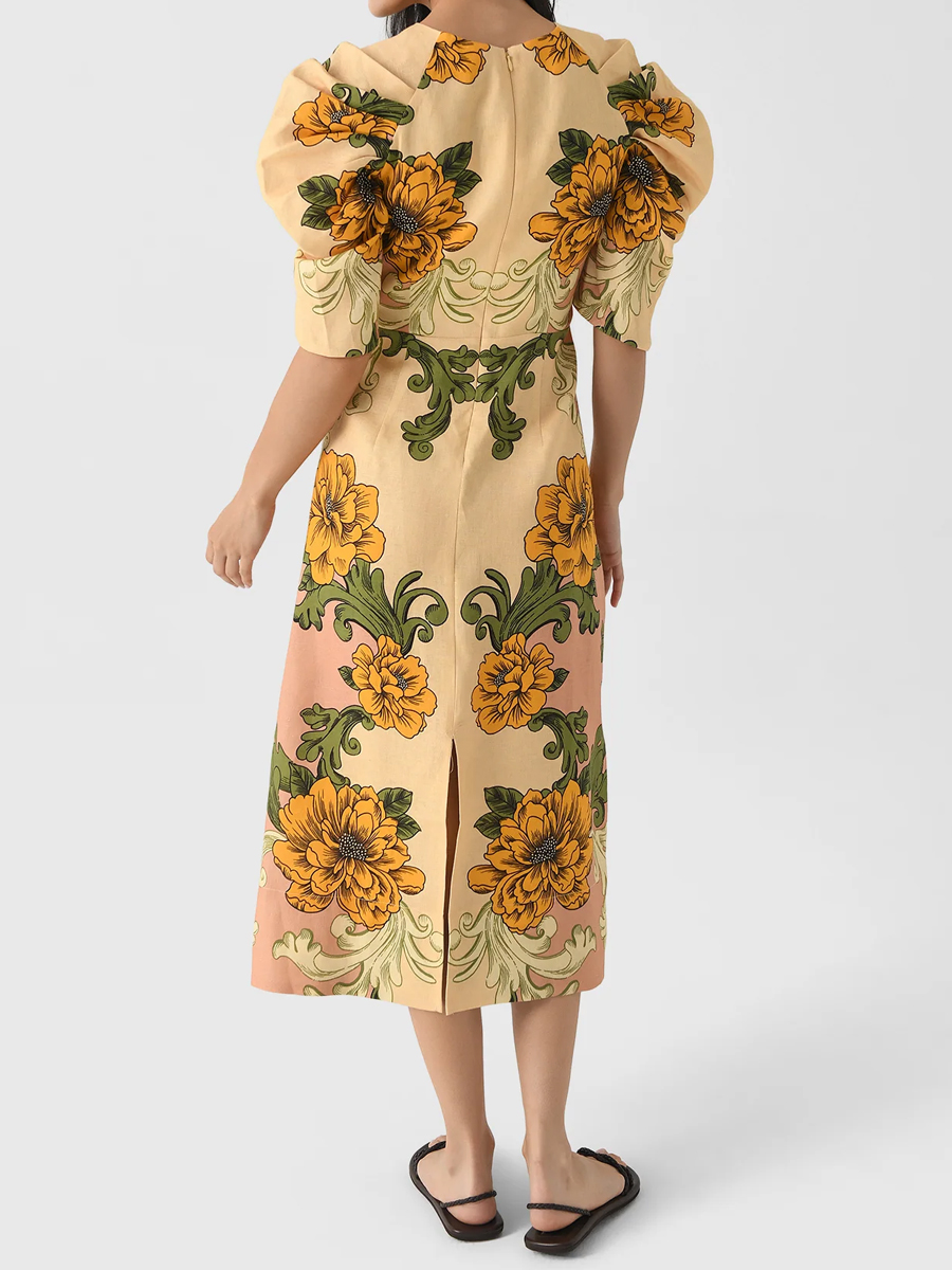 Knotted Printed Short Sleeve Midi Dress