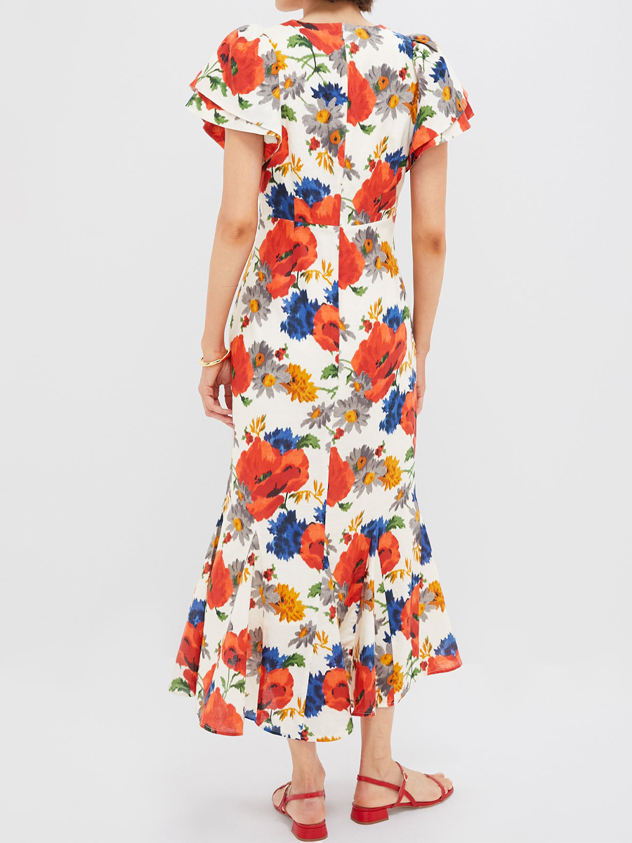 Printed Ruffled Sleeve High-low Hem Dress
