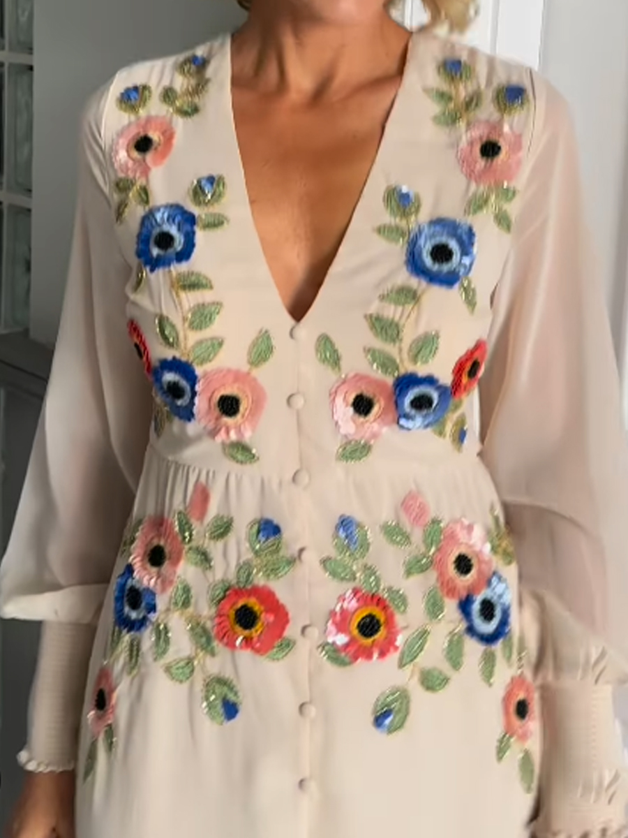 Sequin Embroidered V Neck Midi Dress