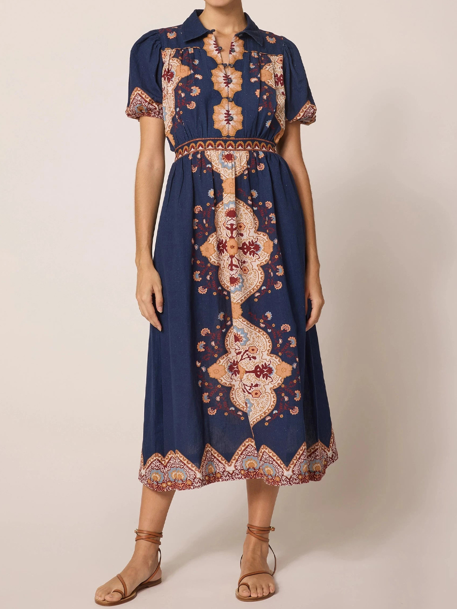 Printed Short Sleeve Midi Dress