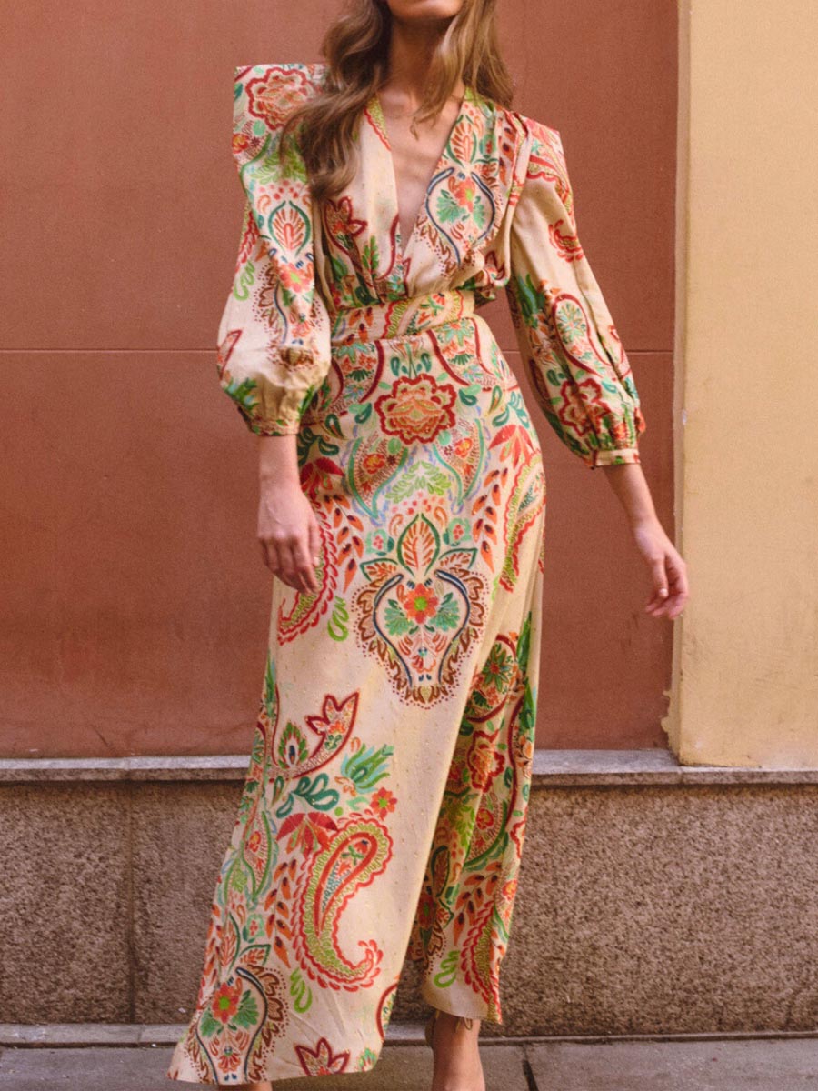 💝✨Flowy V-Neck Printed Long Dress