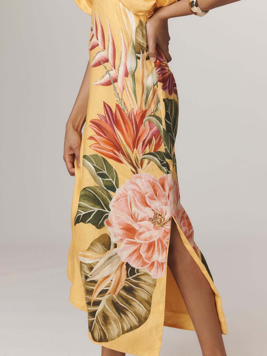 Printed V-neck Short Bubble Sleeve Dress