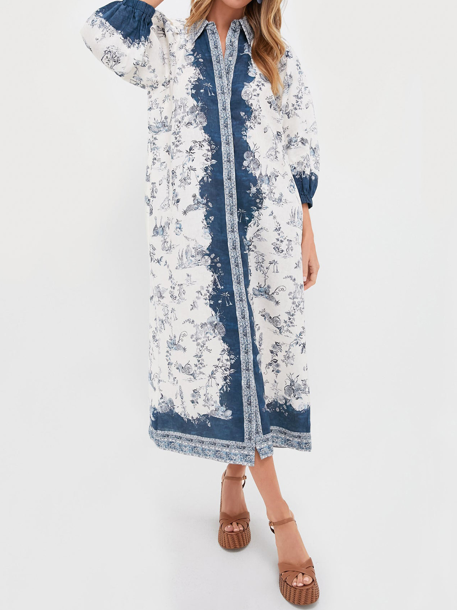 Floral Printed Puffed Sleeve Belted Dress