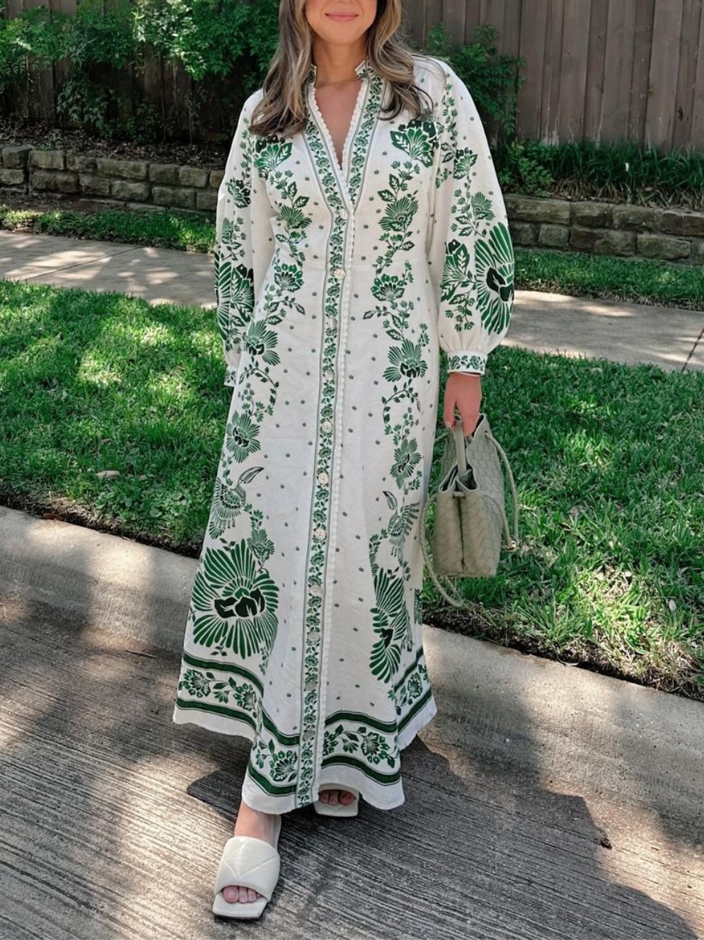 Button Up Printed Long Sleeve Maxi Dress
