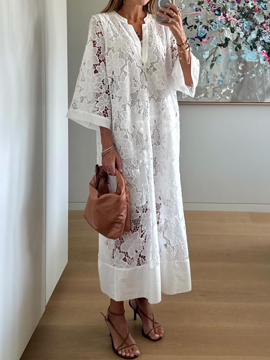Lace Patchwork V Neck Loose Dress