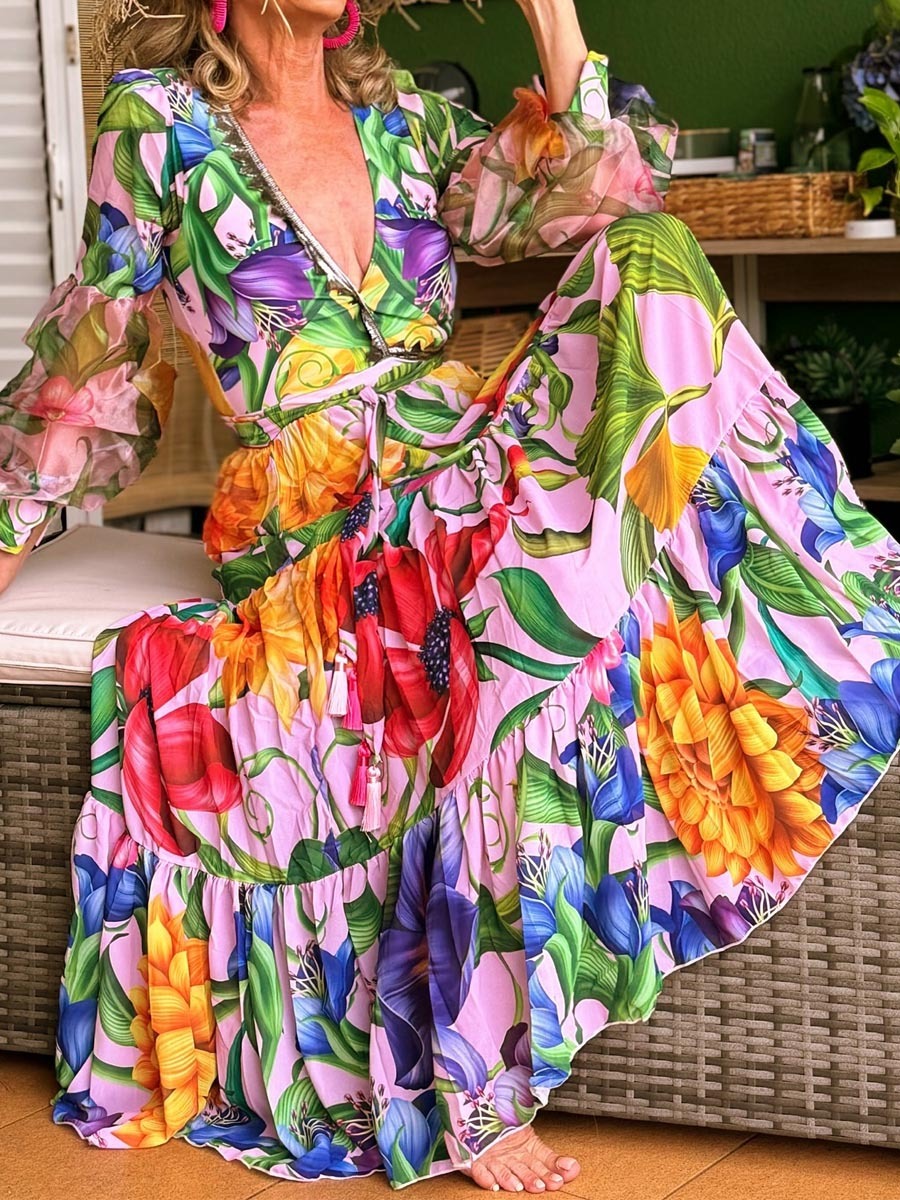 Deep V-neck Lantern Sleeve Seaside Holiday Printed One-piece Swimsuit Suit