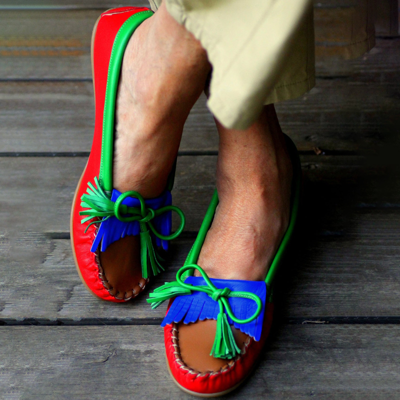 Color Block Bow Soft Bottom Flat Shoes Bean Shoes