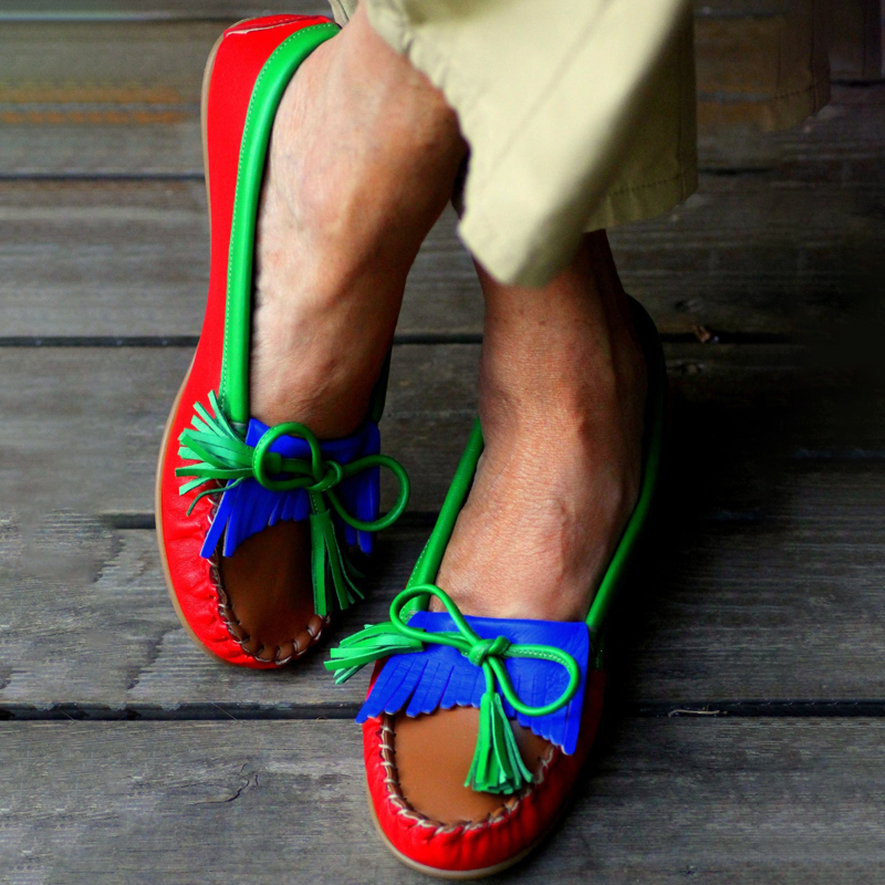 Color Block Bow Soft Bottom Flat Shoes Bean Shoes