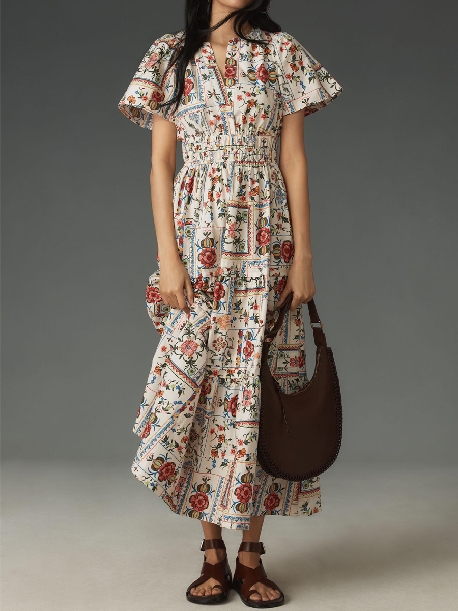 Elegant V-neck Smocked Waist Printed Dress
