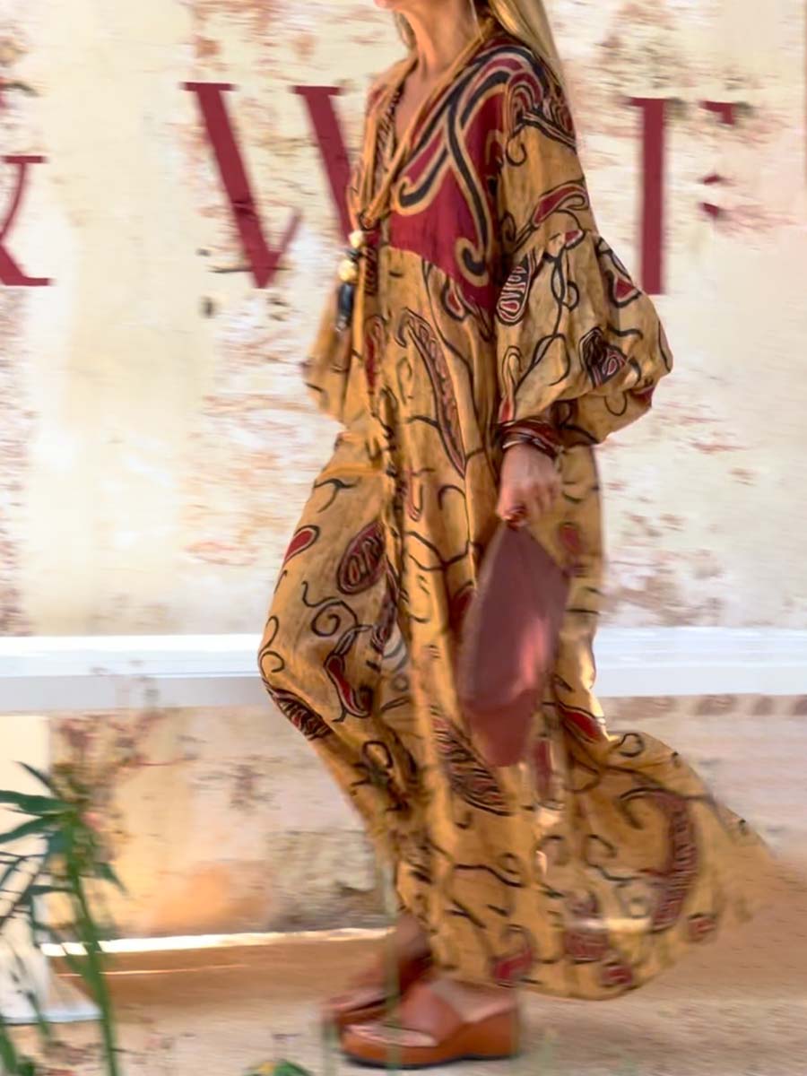 V-neck Fashion Printed Long Sleeve Loose Dress
