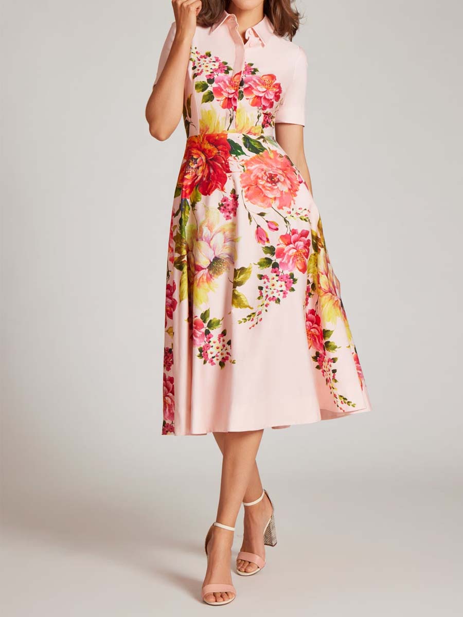 Floral Border Print Shirt Midi Dress