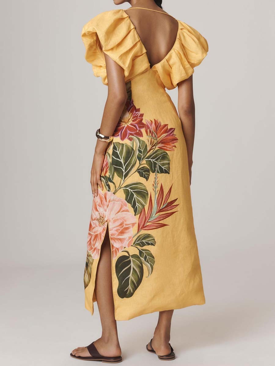 Printed V-neck Short Bubble Sleeve Dress