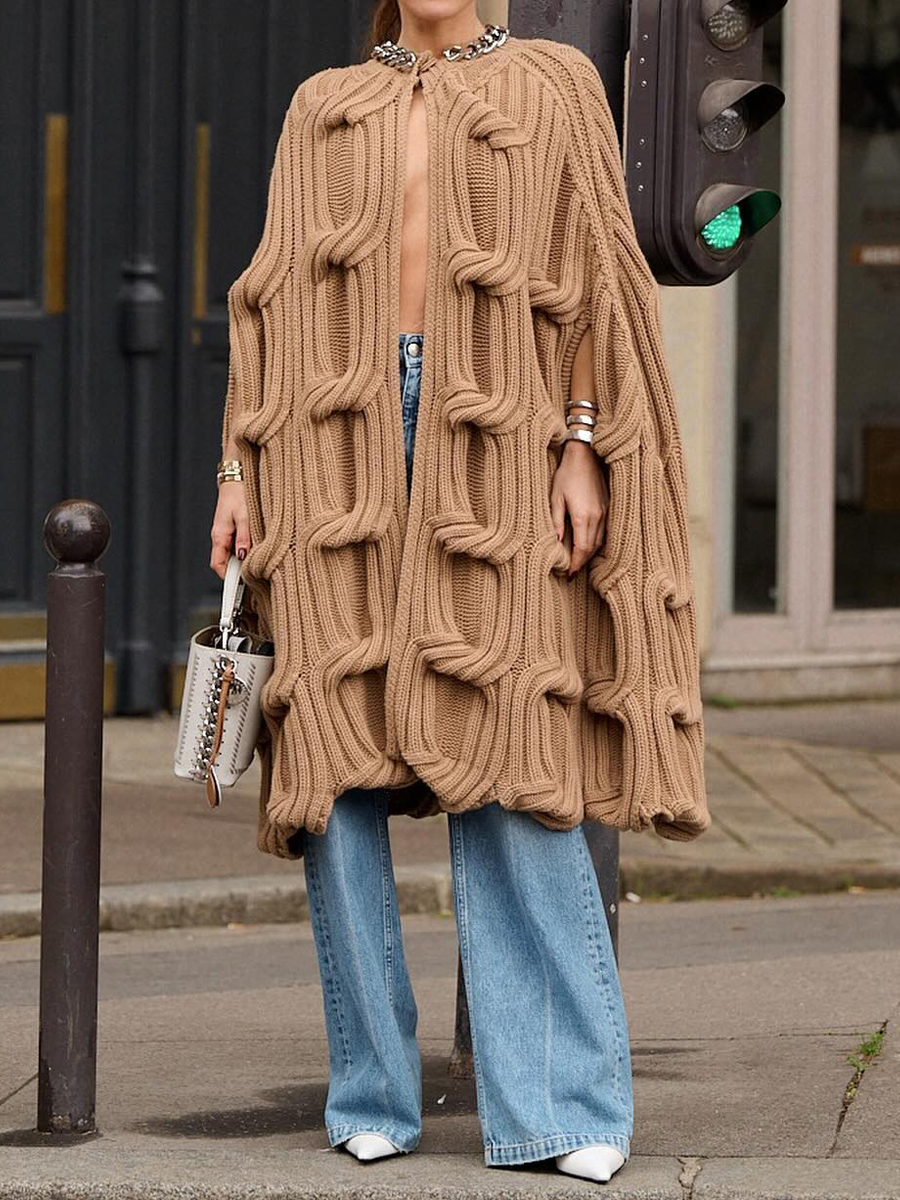 Sweater Chain Embellished Knitted Cape Cardigan