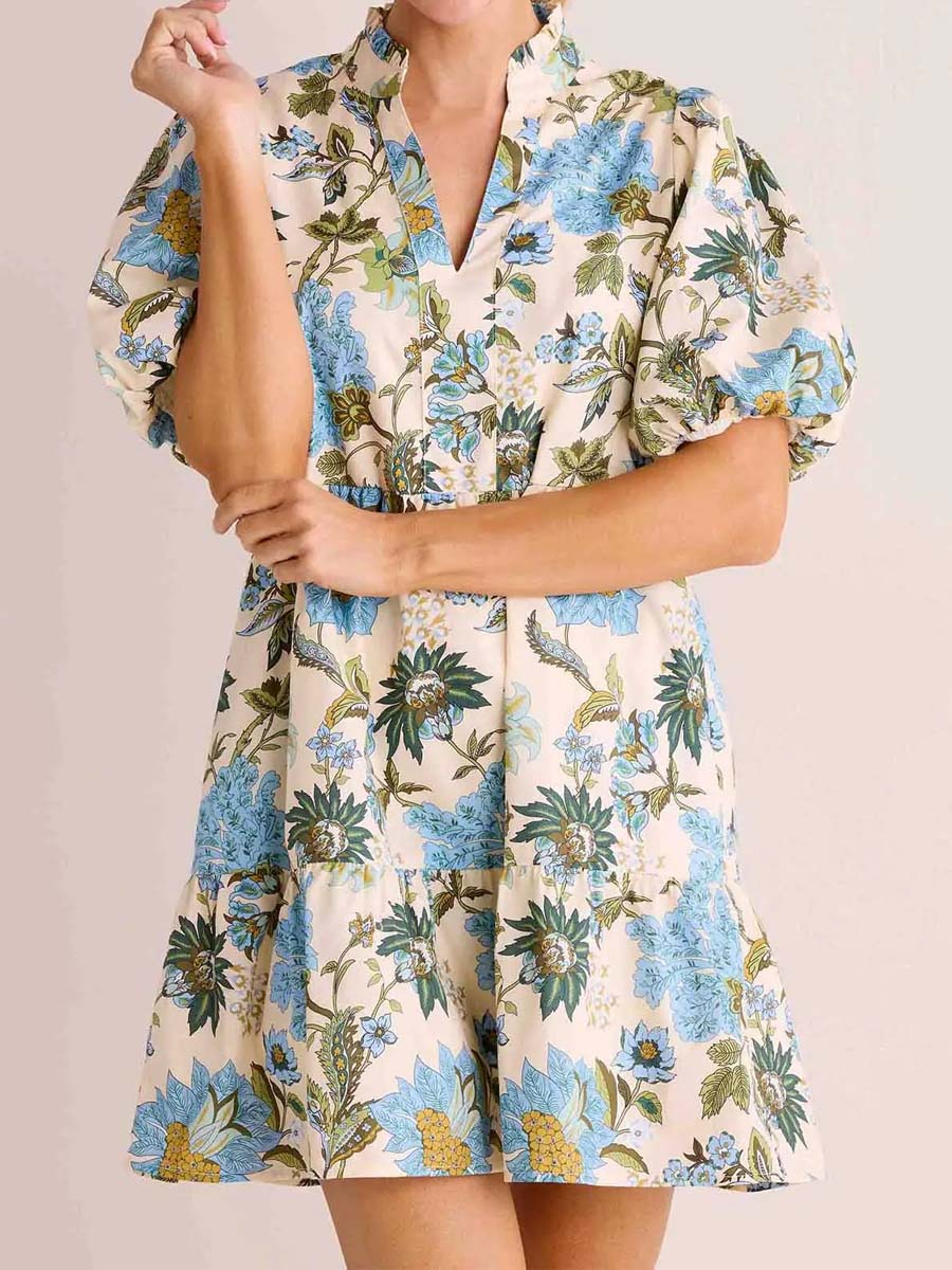 Floral Print Band Collar Flounce Hem Dress