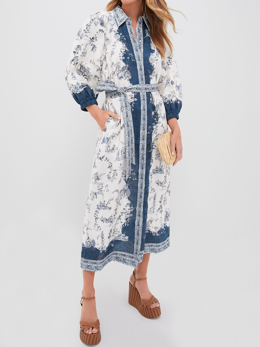 Floral Printed Puffed Sleeve Belted Dress