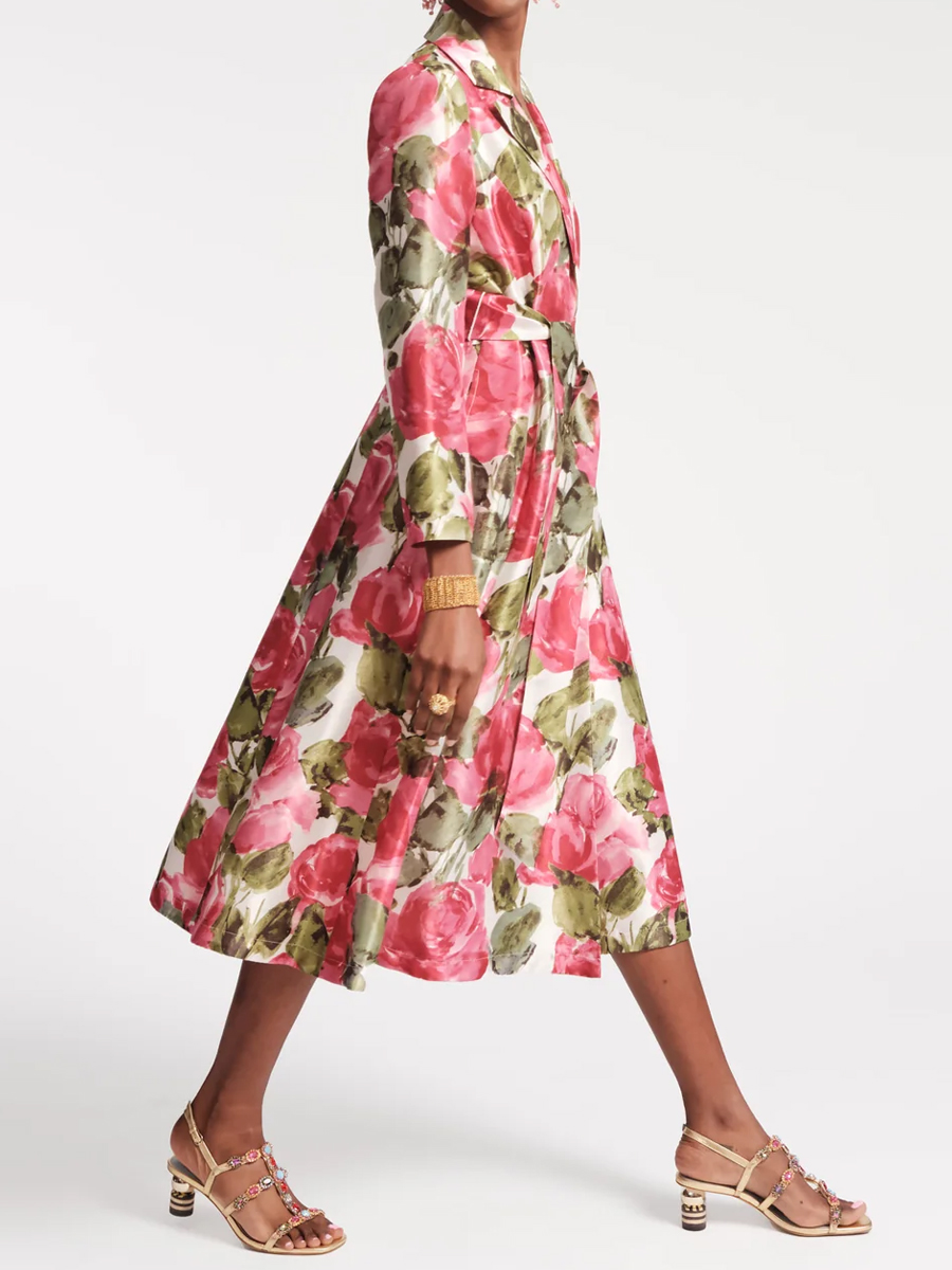 Lapel Notch Collar Printed Midi Wrap Dress