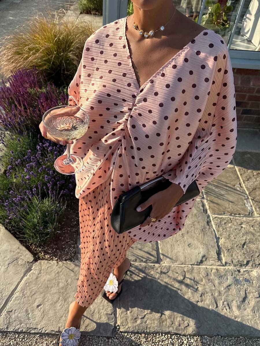 Polka Dot V Neck Pleated Dress