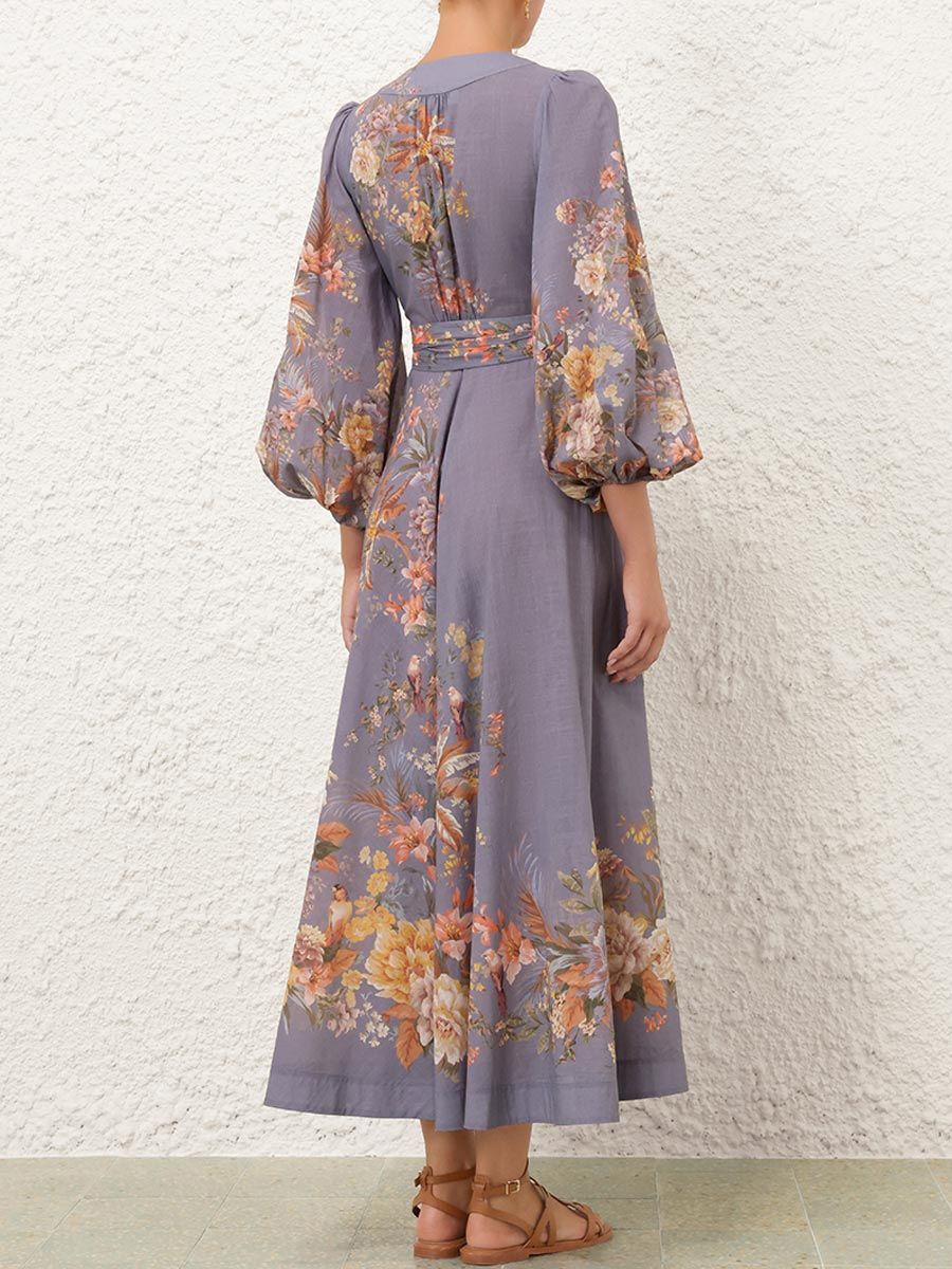Lantern Sleeves V-neck Placement Print Dress