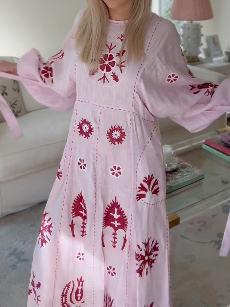 Pink Embroidered Linen Midi Dress