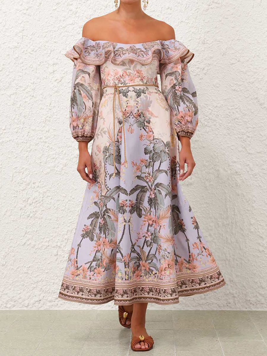 Off Shoulder Placement Print Lantern Sleeve Dress