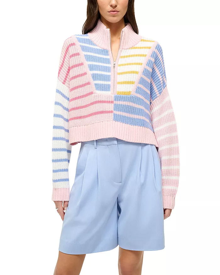 Colorblock Striped Zipper Knit Sweater