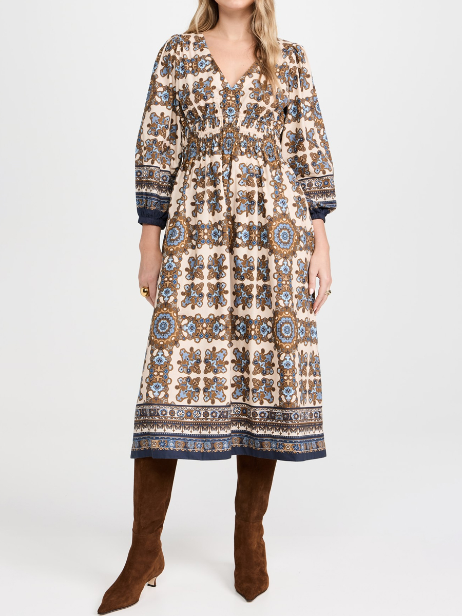 Printed V Neck Smocked Elastic Waist Dress