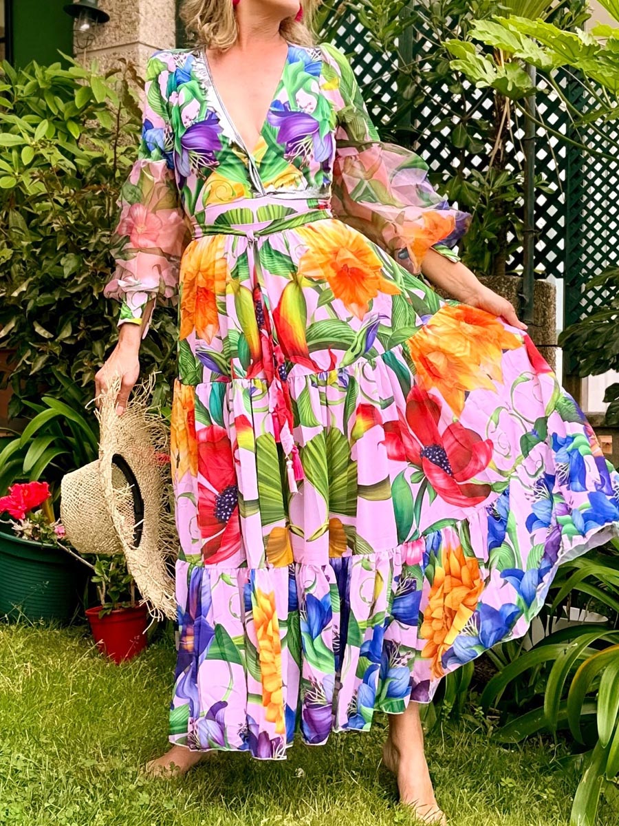 Deep V-neck Lantern Sleeve Seaside Holiday Printed One-piece Swimsuit Suit