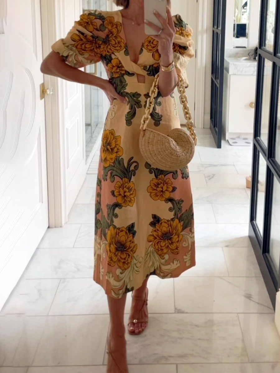 Knotted Printed Short Sleeve Midi Dress